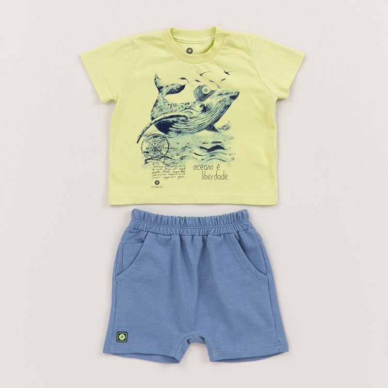 Conjunto Infantil Baby Masculino T-Shirt 'Baleia' + Bermuda Saruel AZUL JEANS