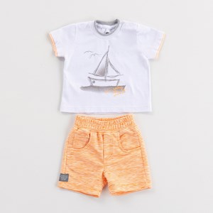 Conjunto Infantil Baby Masculino T-Shirt ' Barco '+ Bermuda Moletom LARANJA