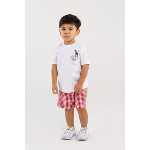 Conjunto Infantil Baby Masculino T-Shirt 'Barquinho' + Bermuda Xadrez Vermelho