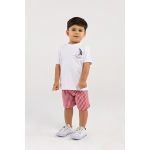 Conjunto Infantil Baby Masculino T-Shirt 'Barquinho' + Bermuda Xadrez Vermelho