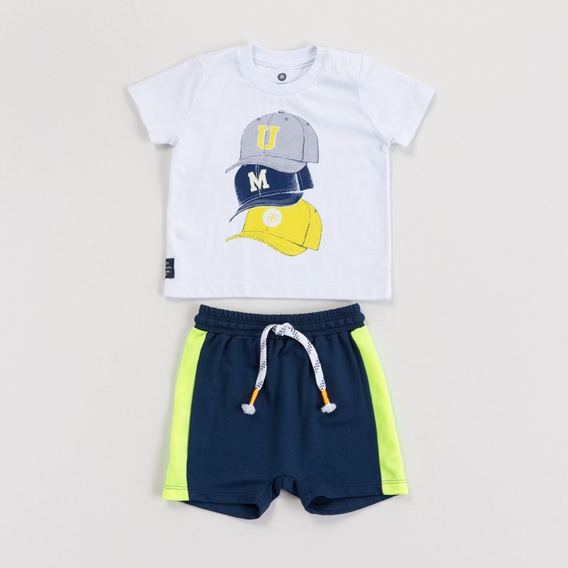 Conjunto Infantil Baby Masculino T-Shirt Bonés + Bermuda Saruel Marinho