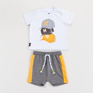 Conjunto Infantil Baby Masculino T-Shirt Bonés + Bermuda Saruel MESCLA ESCURO