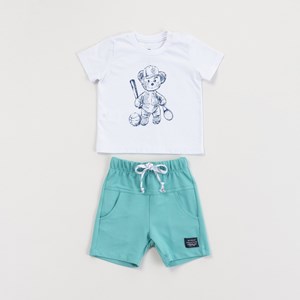 Conjunto Infantil Baby Masculino T-Shirt Ursinho + Bermuda Moletom VD TURQUEZA