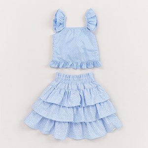 Conjunto Infantil Blusa De Poá De Alça Com Babados + Saia Midi Estampa Floral Azul Claro