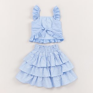 Conjunto Infantil Blusa De Poá De Alça Com Babados + Saia Midi Estampa Floral Azul Claro