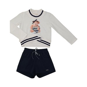 Conjunto infantil blusa manga longa com barra de tricot estampa de ursinho + short bolso faca Marinho