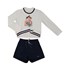 Conjunto infantil blusa manga longa com barra de tricot estampa de ursinho + short bolso faca Marinho