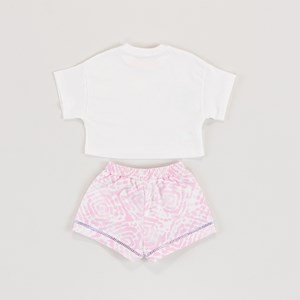 Conjunto Infantil Feminino Blusa Aplique Frontal + Short Com Bolso E Cadarço Rosa Claro