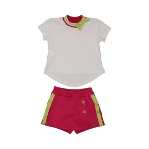 Conjunto infantil feminino blusa canelada manga curta + short-saia com aplique de cadarço PINK