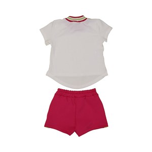 Conjunto infantil feminino blusa canelada manga curta + short-saia com aplique de cadarço PINK
