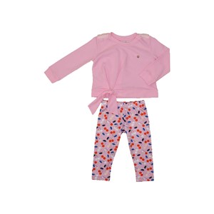 Conjunto infantil feminino blusa com amarração na cintura + calça estampada Rosa Claro
