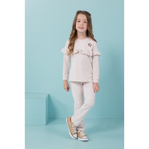 Conjunto infantil feminino blusa com  aplique e babados + calça com punho Rosa Claro