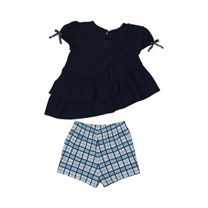 Conjunto infantil feminino blusa com babados franzidos + short xadrez Marinho