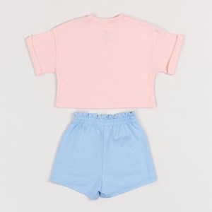 Conjunto Infantil Feminino Blusa Com Silk Frontal + Short Com Cadarço E Bolsos Azul Claro