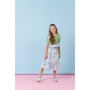 Conjunto infantil feminino blusa e saia midi com mix de estampas Multicolorido