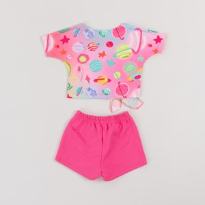 Conjunto Infantil Feminino Blusa Estampada + Short Liso Com Aplique PINK