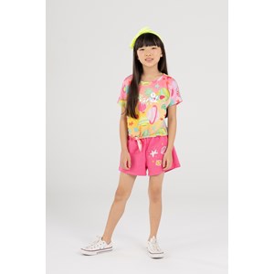 Conjunto Infantil Feminino Blusa Estampada + Short Liso Com Aplique PINK