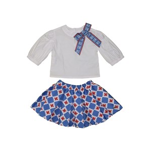 Conjunto infantil feminino blusa manga bufante com laço na gola + saia rodada Azul Claro