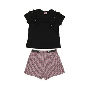 Conjunto infantil feminino blusa manga curta babados pérolas bordadas + short Rosa Claro