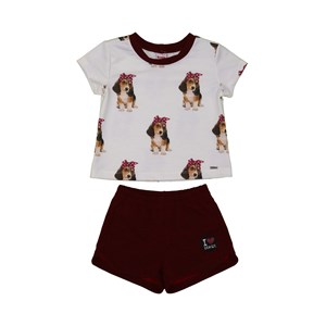 Conjunto infantil feminino blusa manga curta de cachorrinhos + short com aplique VINHO