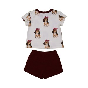 Conjunto infantil feminino blusa manga curta de cachorrinhos + short com aplique VINHO
