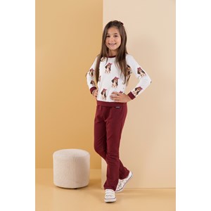 Conjunto infantil feminino blusa manga longa cachorrinhos + calça com aplique VINHO