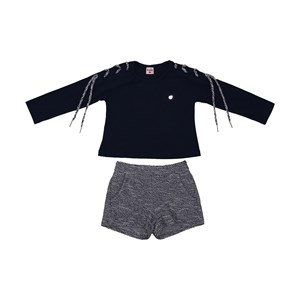 Conjunto infantil feminino blusa manga raglan + short com pregas frontais AZUL