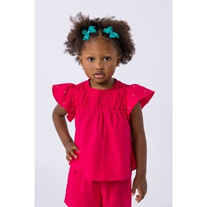Conjunto infantil feminino com bata e short em tricoline com bordado em pérolas Pink