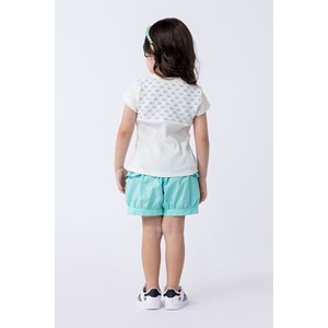 Conjunto infantil feminino com blusa em mix de tricô e malha canelada e short em tricoline Acqua