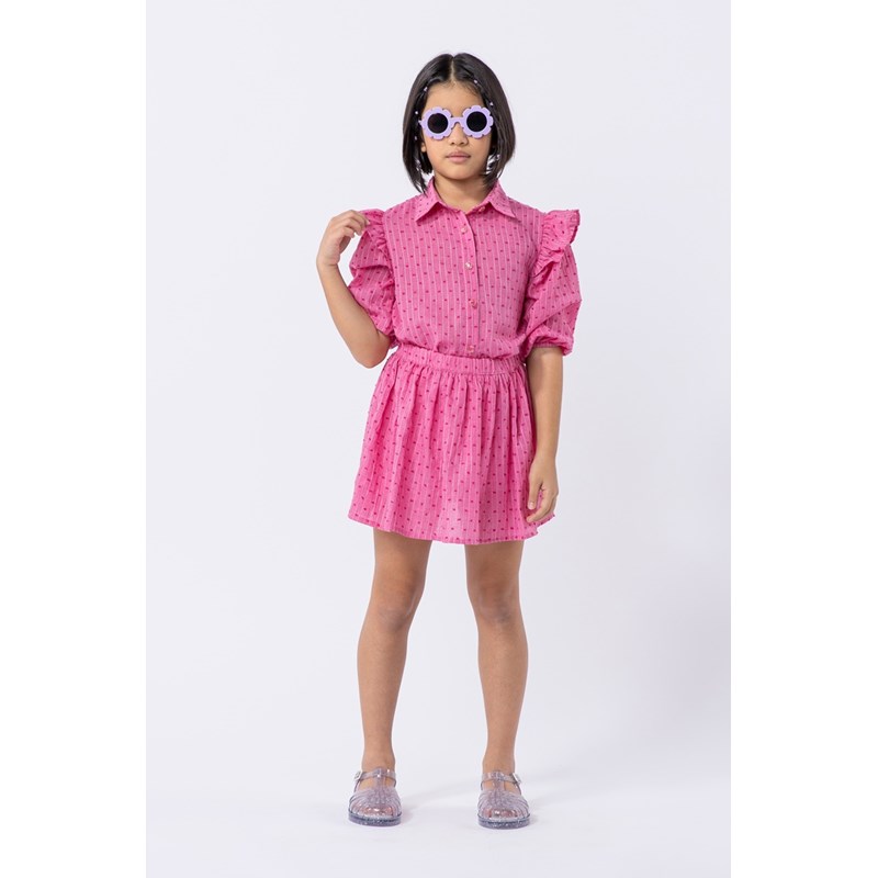 Conjunto infantil feminino com camisa e saia short infantil em voil de algodão com poás Pink