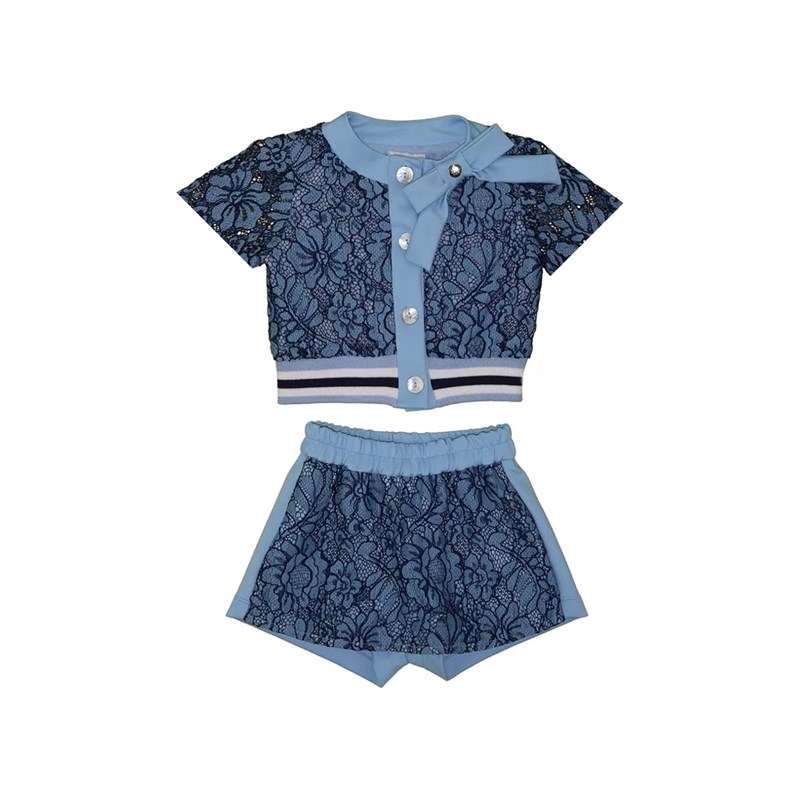 Conjunto infantil feminino jaqueta manga curta rendada + short saia rendado Azul Claro