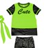 Conjunto infantil feminino modelo esportivo blusa com tela + short + scrunchie VERDE FLUOR