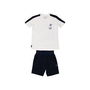 Conjunto infantil masculino camiseta manga curta com faixas laterais + bermuda em moletinho Marinho