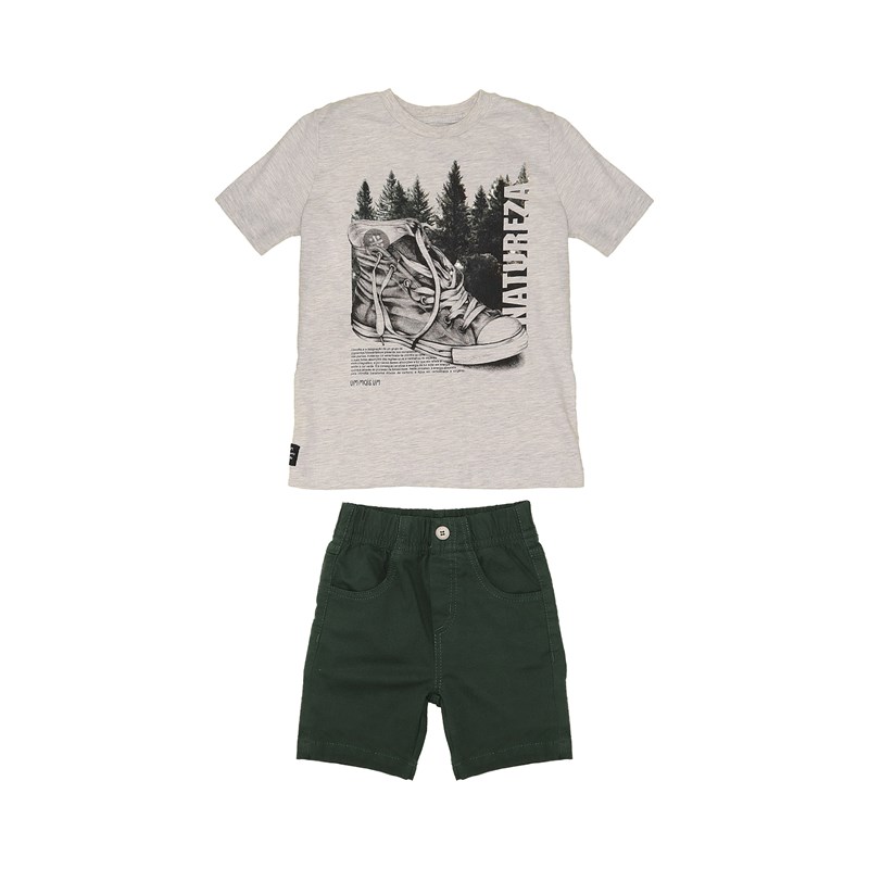 Conjunto infantil masculino camiseta manga curta estampada + bermuda em sarja biscaia VERDE