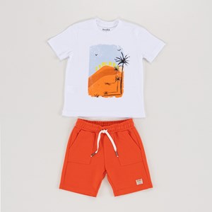 Conjunto Infantil Masculino T-Shirt + Bermuda Com Bolsos Frontais LARANJA