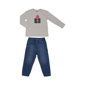 Conjunto infantil masculino t-shirt manga longa basket + calça jeans cós elástico Única
