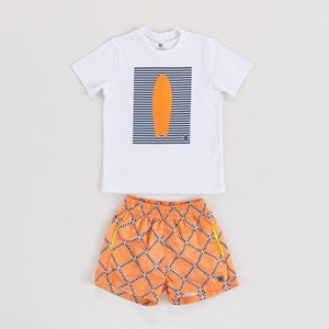 Conjunto Infantil Masculino T-Shirt "Prancha" + Short De Água Estampado LARANJA