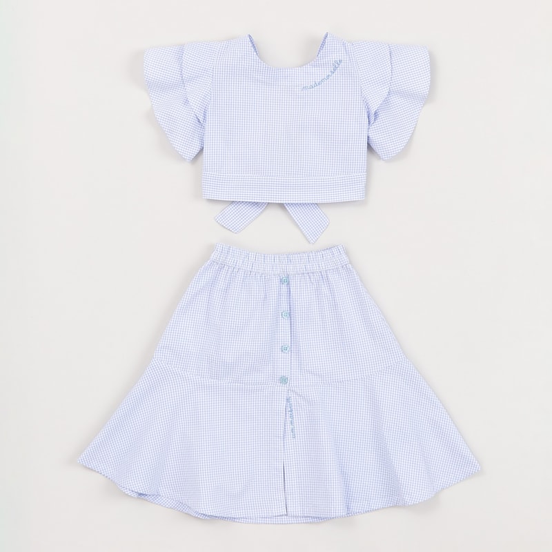 Conjunto Infantil Xadrez Blusa Mangas Godê + Saia Longa Azul Claro