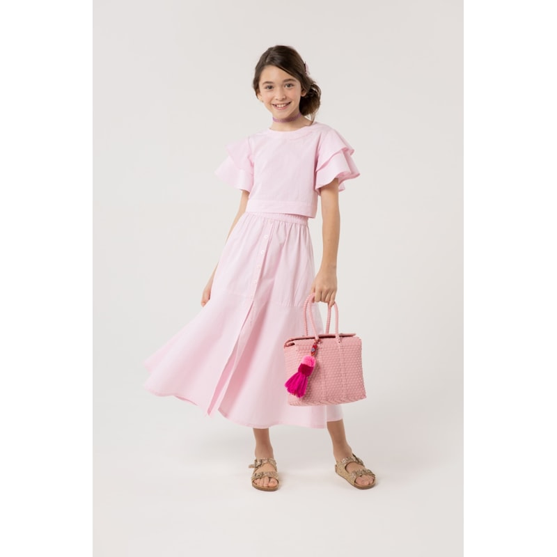 Conjunto Infantil Xadrez Blusa Mangas Godê + Saia Longa Rosa Claro