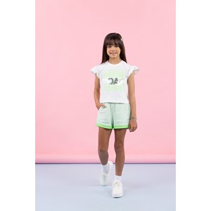 Conjunto menina camiseta em malha com silk e short em moletom listrado Verde Flúor