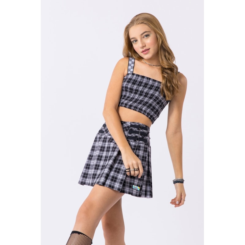 Conjunto xadrez teen feminino top com saia/short pregueado Preto - 1 mais 1