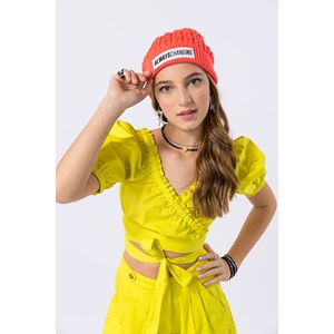 Cropped teen feminino com amarração e mangas bufantes em tricoline 100% algodão Lima