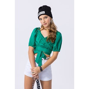 Cropped teen feminino com amarração e mangas bufantes em tricoline 100% algodão Verde Musgo