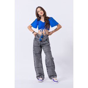Cropped teen feminino com mangas bufantes e colissê em tricoline de algodão Azul Royal