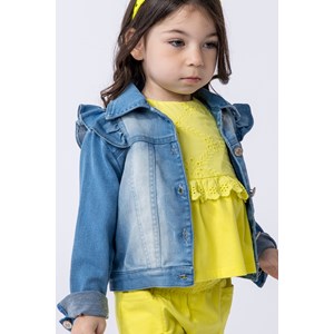 Jaqueta infantil feminina em moletom jeans e babado Azul Jeans