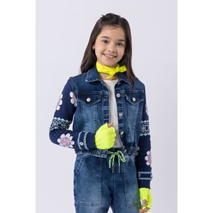 Jaqueta infantil feminina em moletom jeans e mangas de tricô Azul Jeans