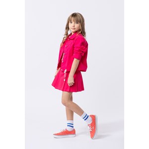 Jaqueta infantil feminina em sarja tinturada com bordado Pink