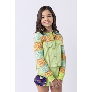 Jaqueta infantil feminina em satin com elastano e mangas de tricô multicolorido Lima
