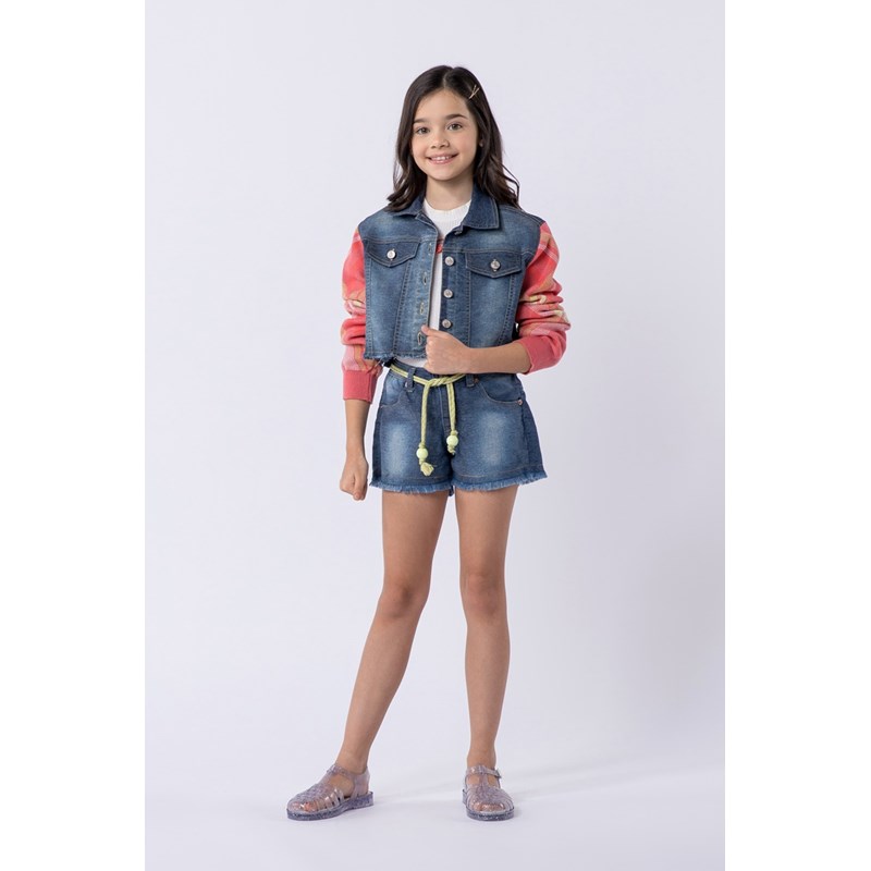 Jaqueta infantil feminina jeans com mangas de tricô Goiaba