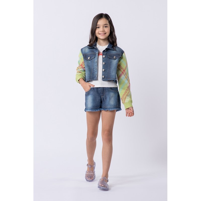 Jaqueta infantil feminina jeans com mangas de tricô Lima